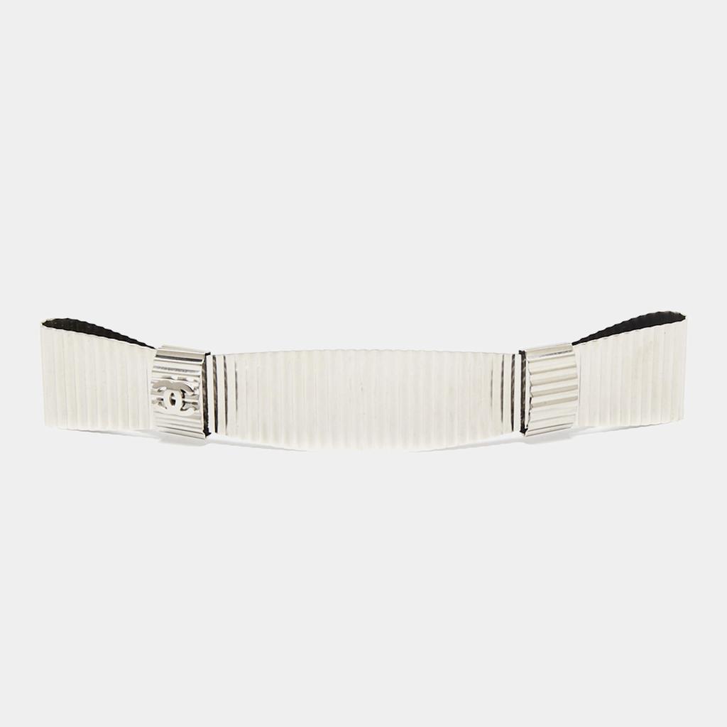 Chanel CC Textured Double Bow Silver Tone Barrette商品第1张图片规格展示