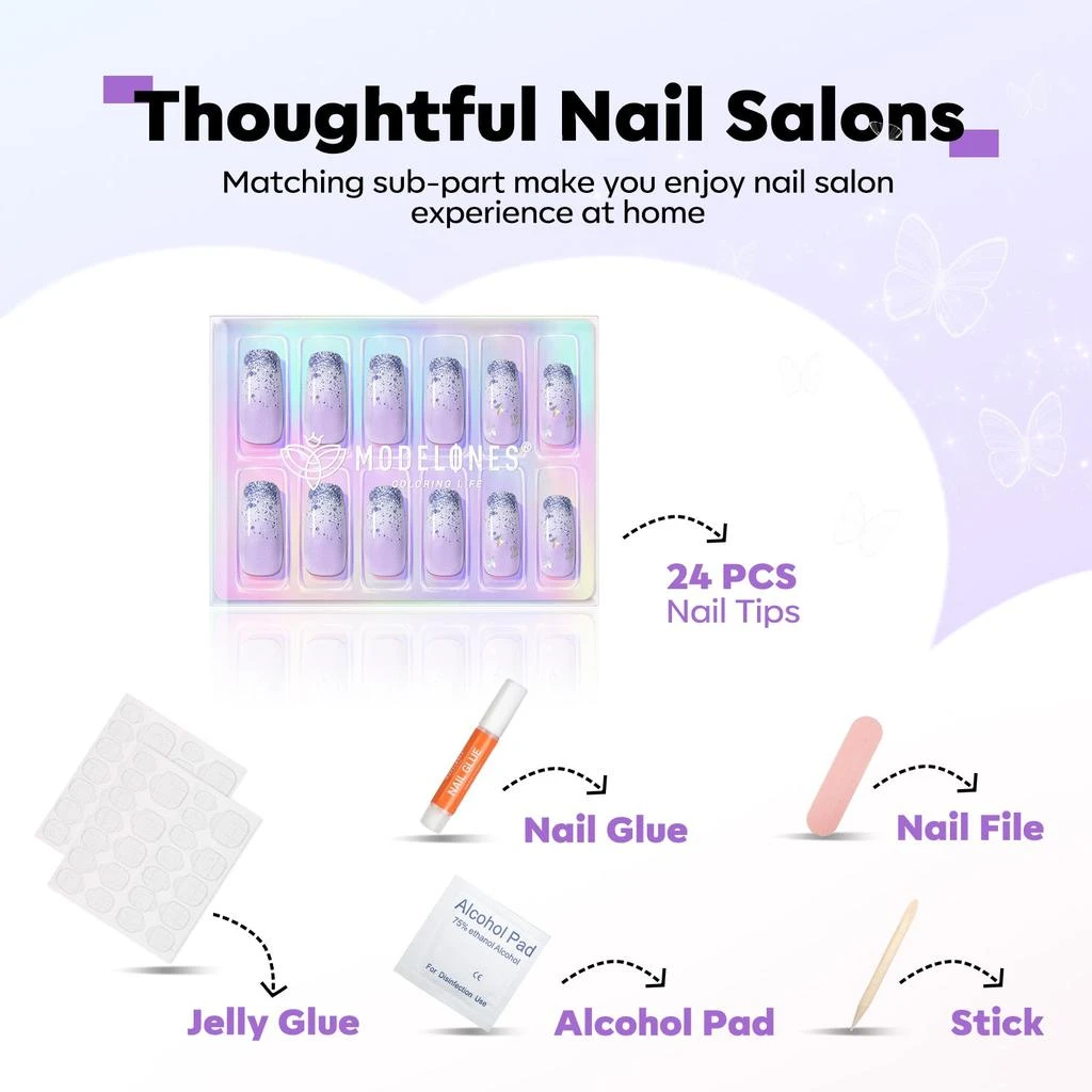 Purple Butterfly - 24 Fake Nails 12 Sizes Short Almond Press on Nails Kit 商品