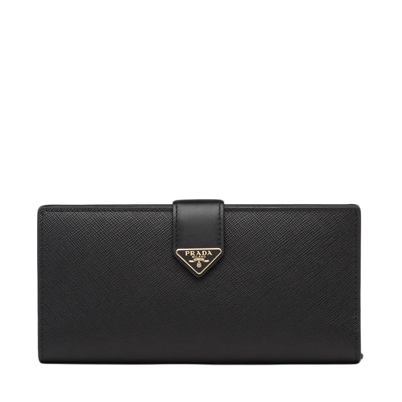 商品Prada|【预售3-7天】普拉达  女士大号黑色皮革徽标压纹珐琅金扣长款钱包1MV025_2DYG_F0002,价格¥6093,第1张图片