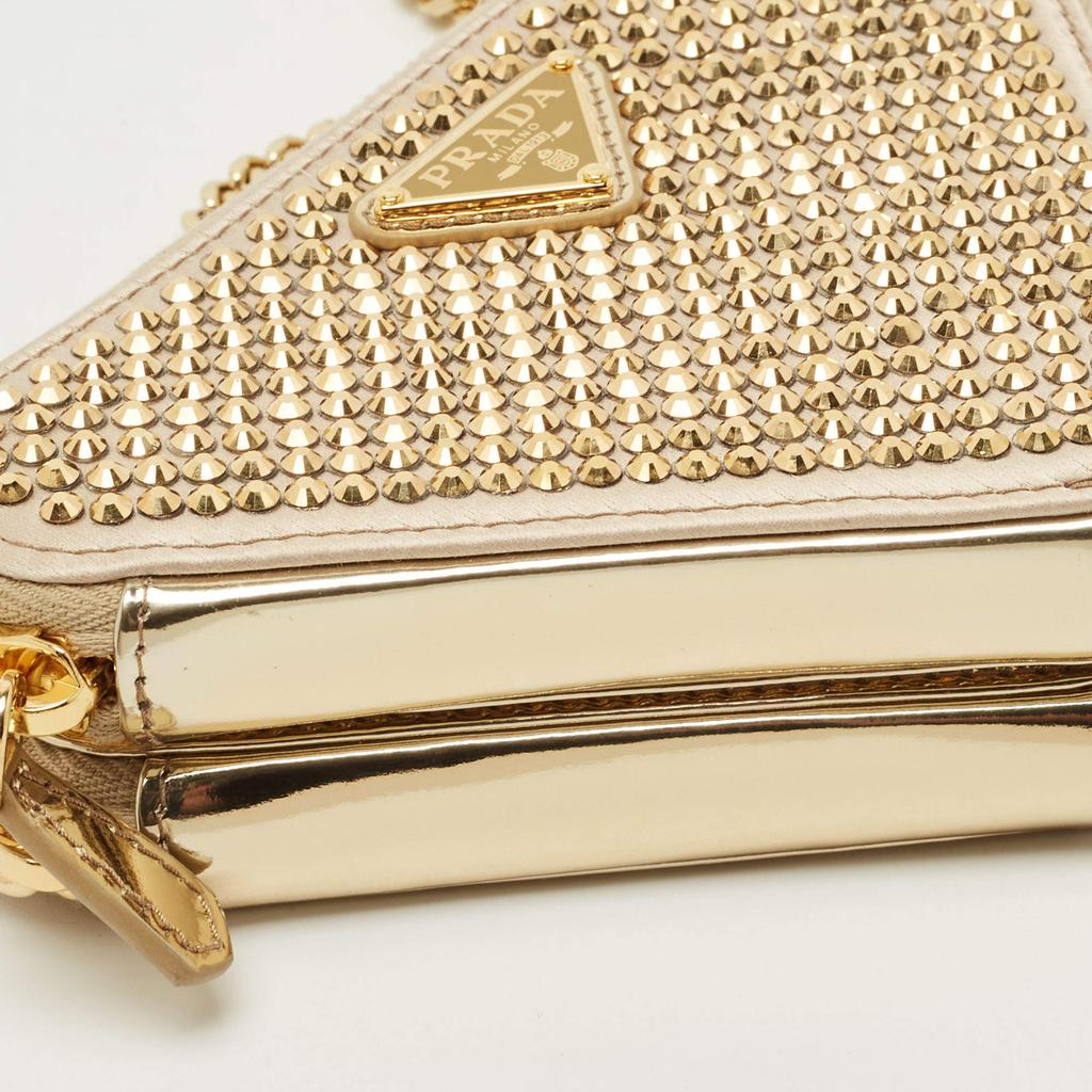 Prada Gold Leather and Satin Crystal Embellished Mini Triangle