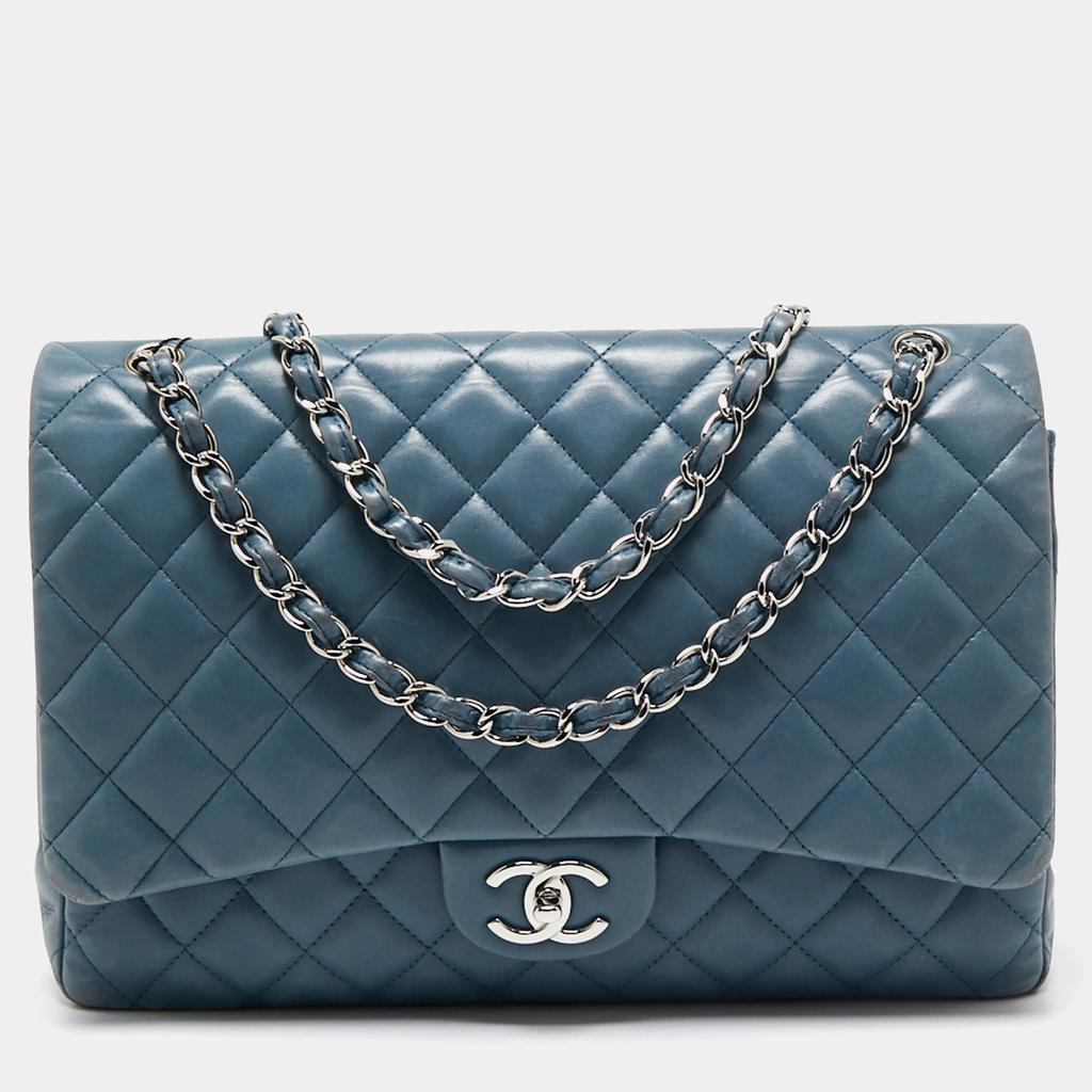 Chanel Blue Quilted Caviar Leather Maxi Classic Double Flap Bag商品第1张图片规格展示