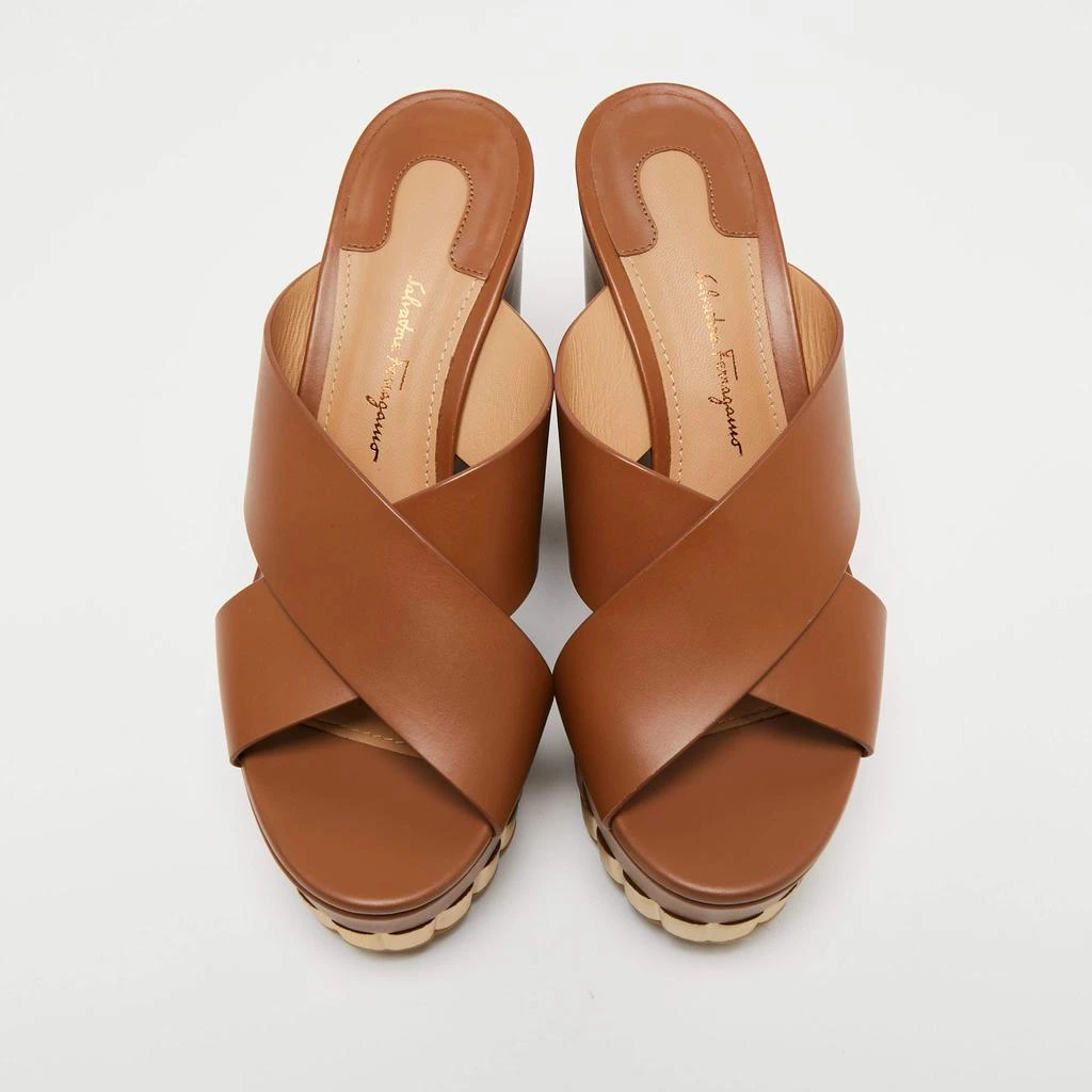商品[二手商品] Salvatore Ferragamo|Salvatore Ferragamo Brown Leather Cross Strap Wedge Sandals Size 36.5,价格¥2862,第3张图片详细描述