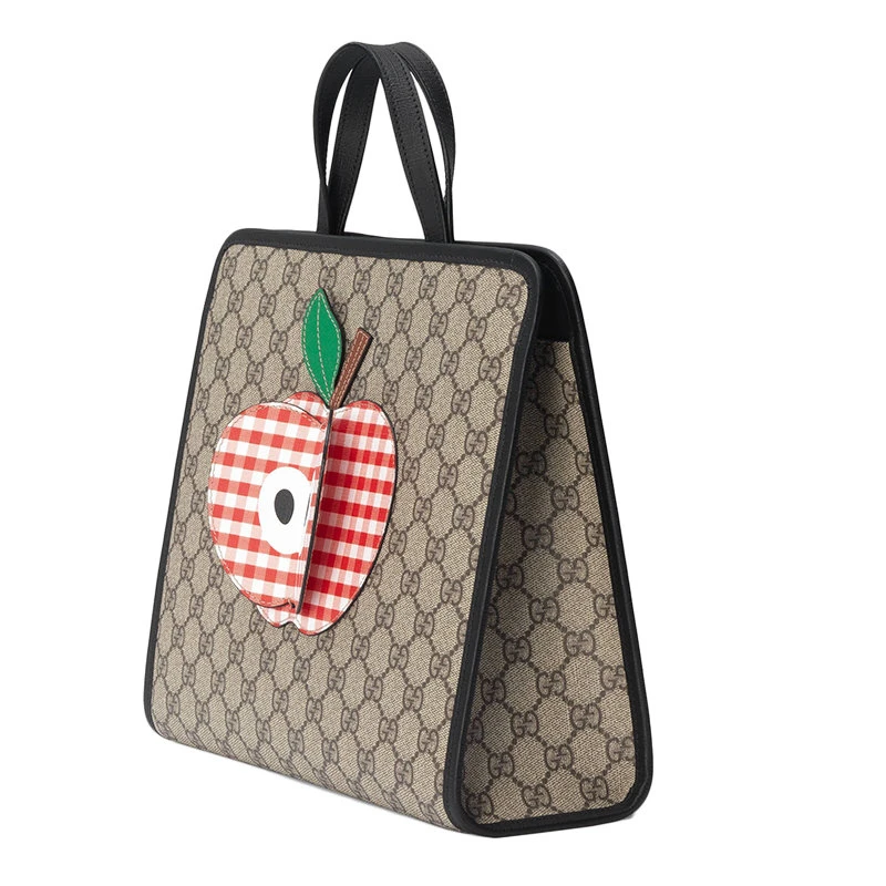 商品Gucci|【预售3-7天】GUCCI/古驰 2020 驼色和乌木色GG Supreme帆布饰有苹果细节黑色帆布饰边儿童手提托特包 648797HUHMN9774,价格¥5286,第4张图片详细描述