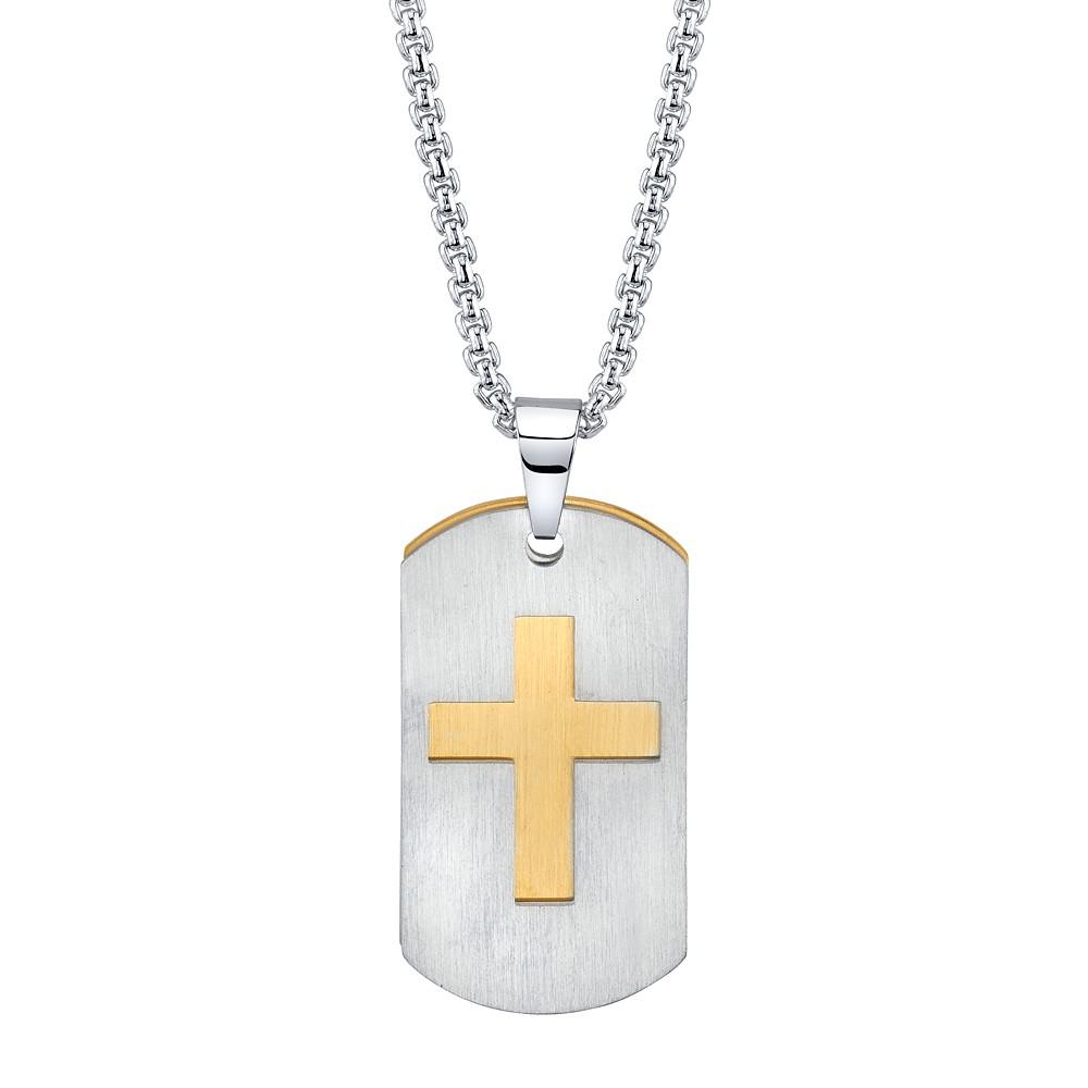 Double Tag Cross Pendant Necklace in Stainless Steel, 24" Chain商品第1张图片规格展示