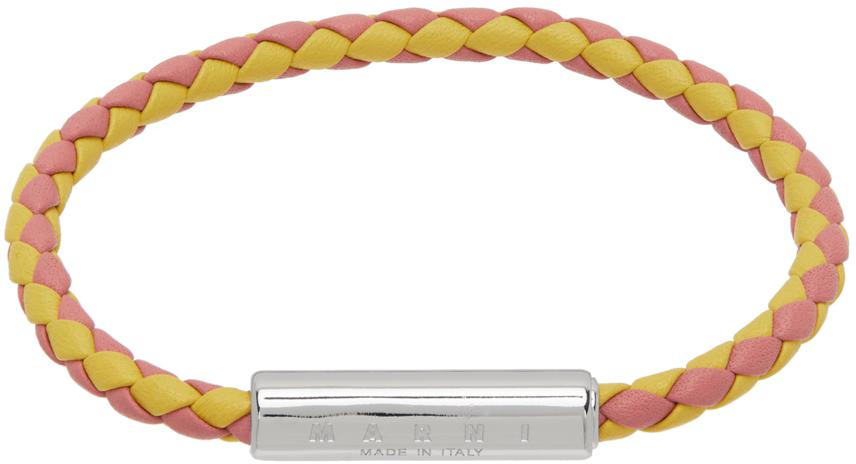 Pink & Yellow Braided Leather Bracelet商品第1张图片规格展示