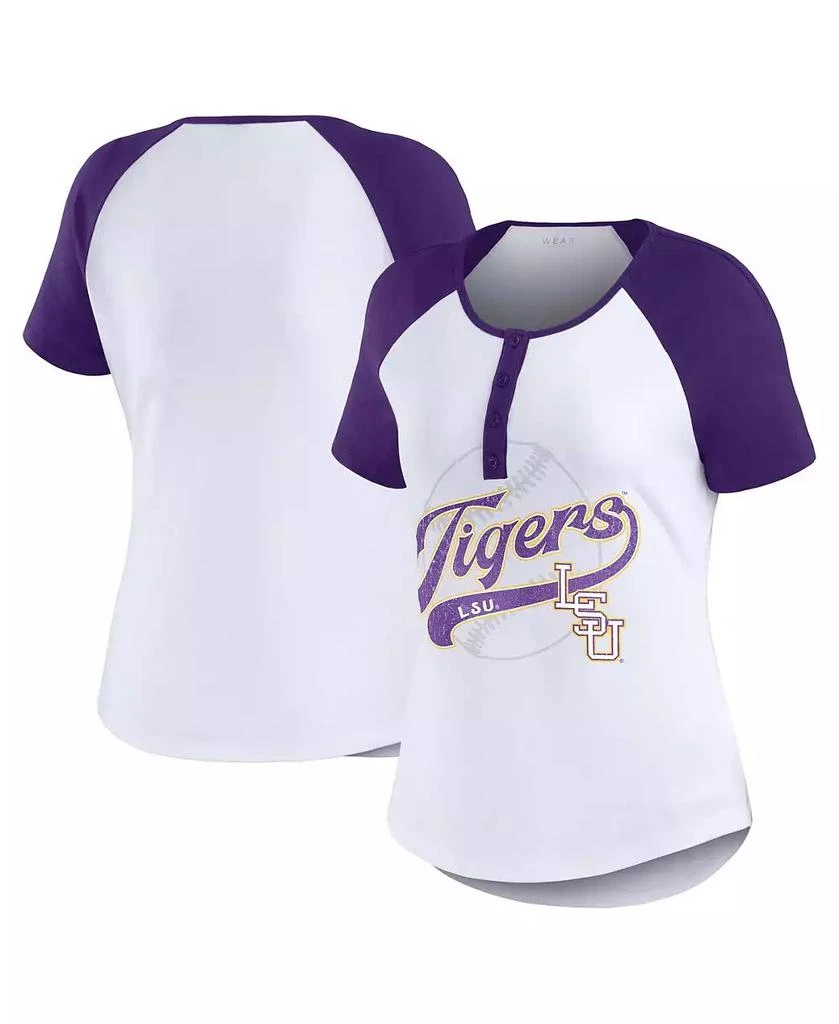 商品WEAR by Erin Andrews|Women's White Distressed LSU Tigers Baseball Logo Raglan Henley T-shirt,价格¥225,第1张图片