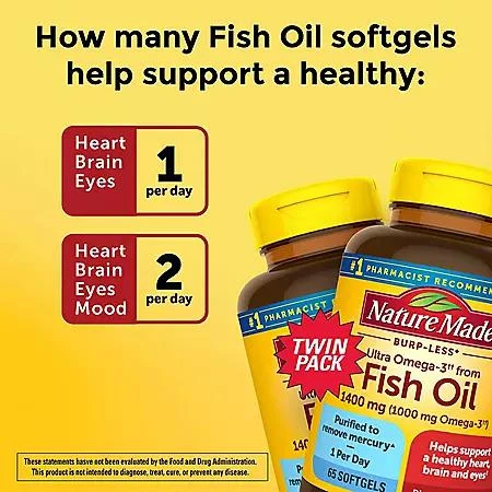 商品Nature Made|Nature Made Burp-Less Ultra Omega 3 from Fish Oil 1400 mg. Softgels 65 ct., 2pk.,价格¥159,第2张图片详细描述