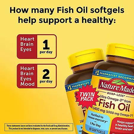 Nature Made Burp-Less Fish Oil 1,200 mg. Softgels for Heart Health (2 pk.,  150 ct./pk.) - Sam's Club