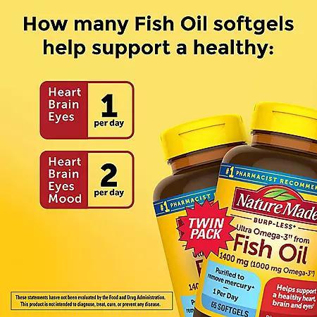 商品Nature Made|Nature Made Burp-Less Ultra Omega 3 from Fish Oil 1400 mg. Softgels (65 ct., 2pk.),价格¥123,第4张图片详细描述