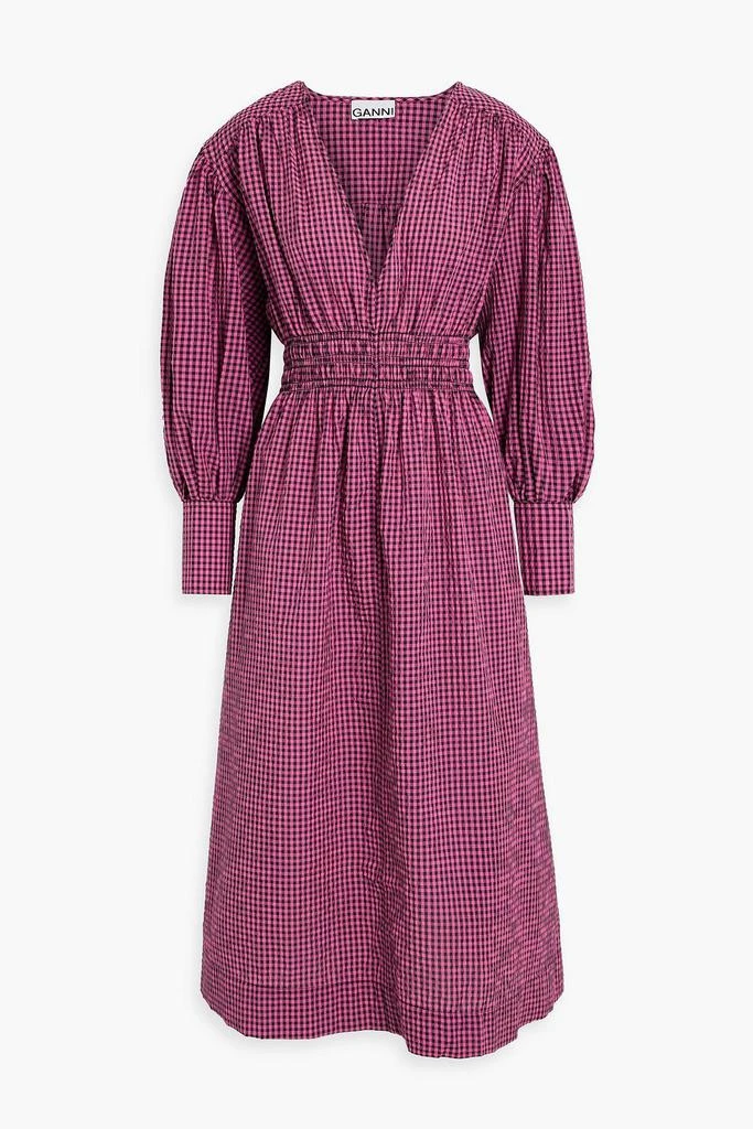 商品Ganni|Shirred gingham seersucker midi dress,价格¥743,第1张图片