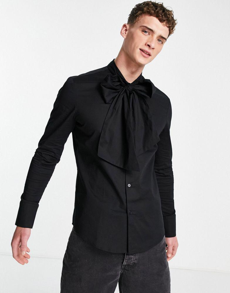 ASOS DESIGN black poplin shirt with oversized pussybow tie neck商品第2张图片规格展示