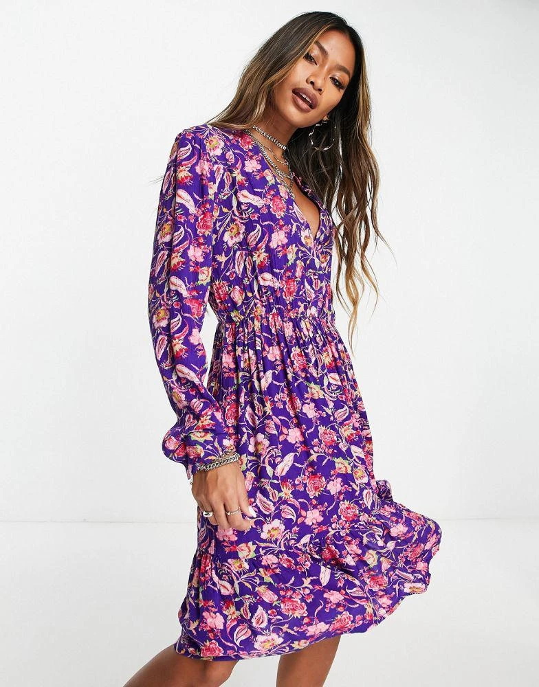 商品VERO MODA|Vero Moda long sleeve midi shirt dress in blue print,价格¥246,第1张图片