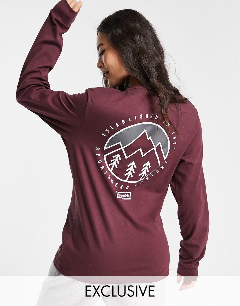 Columbia Cades Cove long sleeve back print t-shirt in burgundy Exclusive at ASOS商品第1张图片规格展示