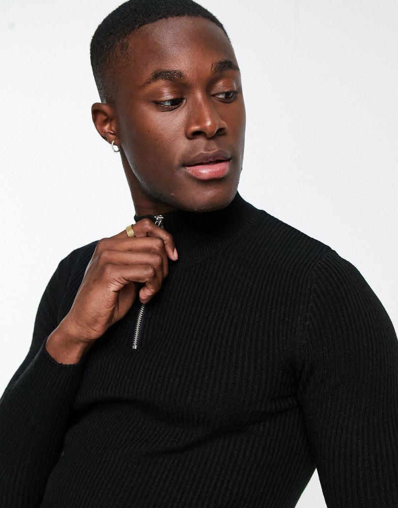 商品ASOS|ASOS DESIGN lightweight rib jumper with half zip in black,价格¥219,第6张图片详细描述