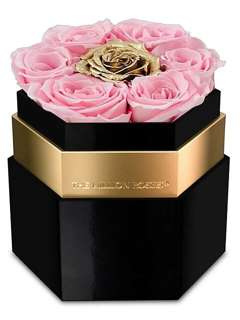 商品The Million Roses|Light Pink & Gold Roses In Hexagon Black Mirror Box,价格¥1118,第1张图片