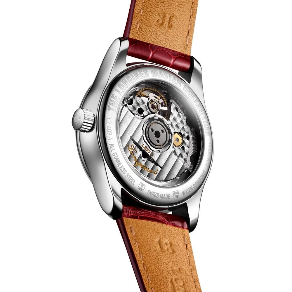 商品Longines|Women's Swiss Automatic Master Moonphase Diamond (1/20 ct. t.w.) Red Leather Strap Watch 34mm,价格¥23011,第3张图片详细描述