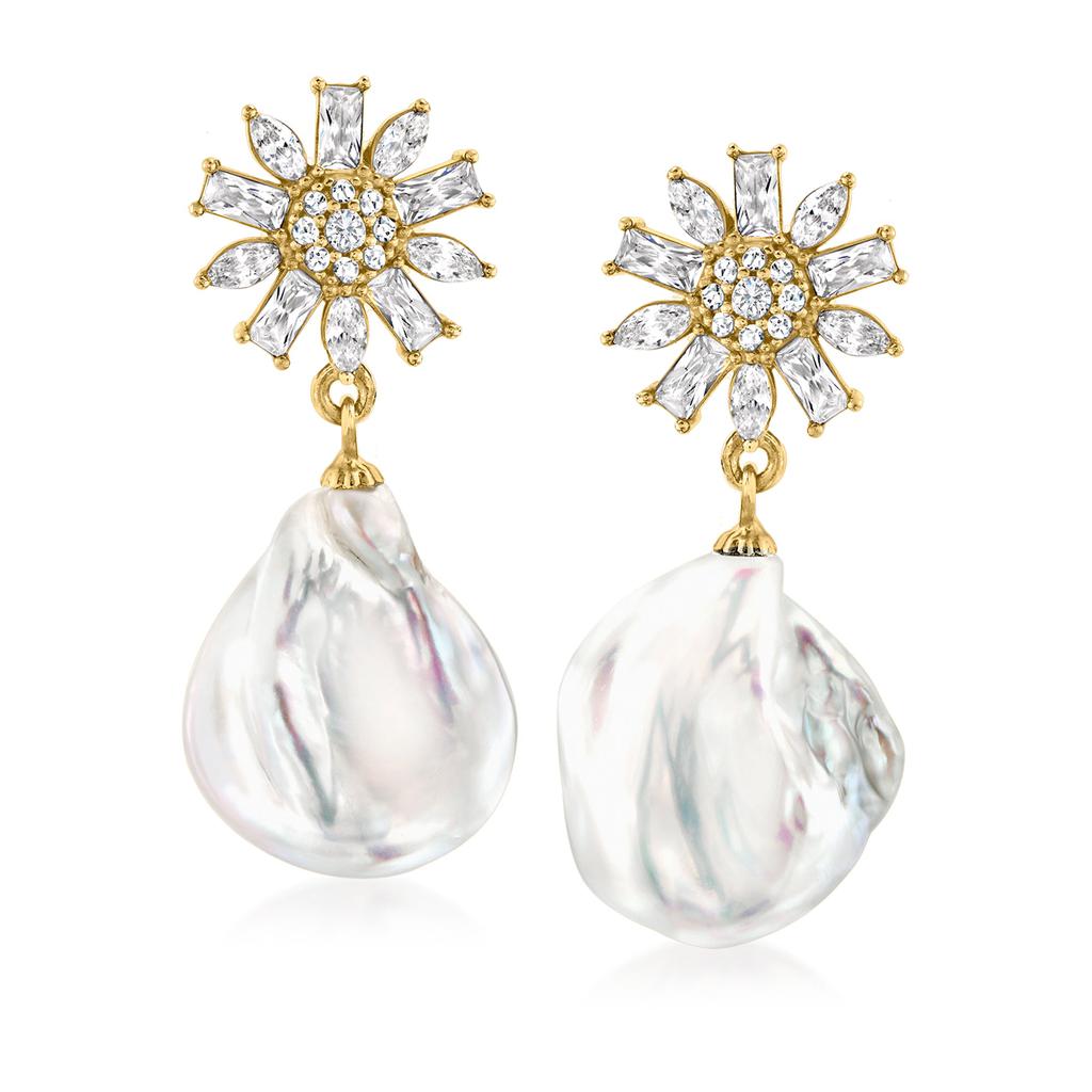 Ross-Simons Italian 6-16mm Cultured Baroque Pearl and CZ Daisy Drop Earrings in 18kt Gold Over Sterling商品第1张图片规格展示