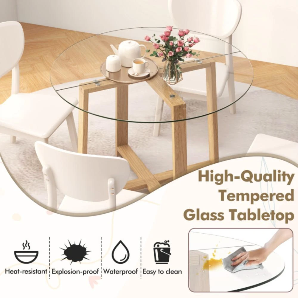 商品Hivvago|42 Inches Round Glass Dining Table with Tempered Glass Tabletop and Rubber Wood Legs-Natural,价格¥2088,第4张图片详细描述