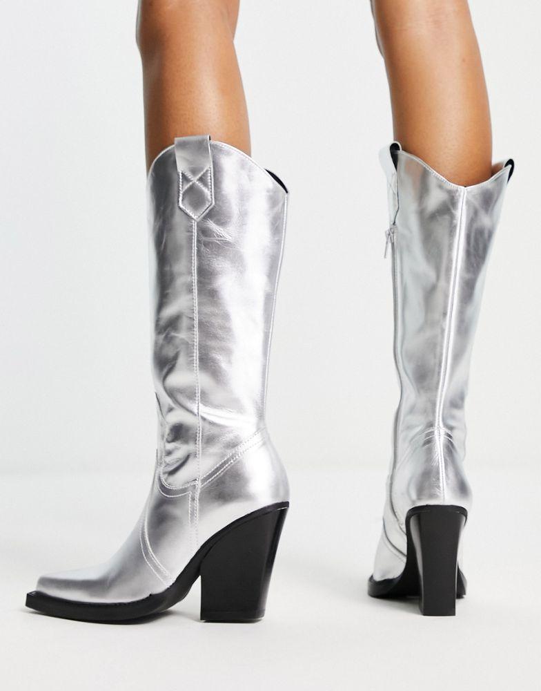 ASOS DESIGN Camouflage premium leather western knee boots in silver商品第2张图片规格展示
