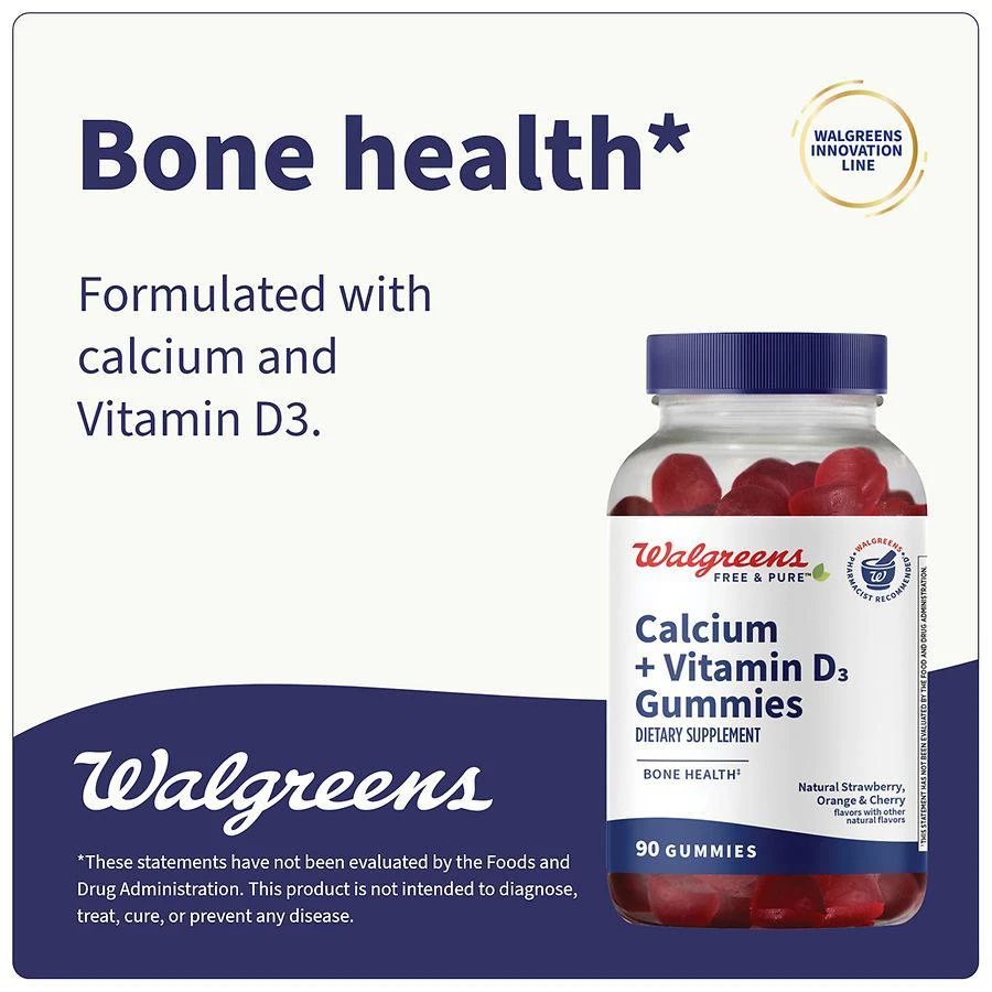 商品Walgreens Free & Pure|Calcium + Vitamin D3 Gummies Natural Strawberry, Orange & Cherry,价格¥112,第5张图片详细描述