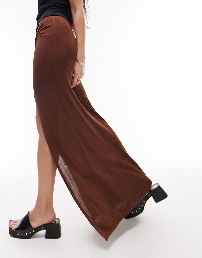 Topshop slinky twist front maxi skirt in chocolate商品第4张图片规格展示