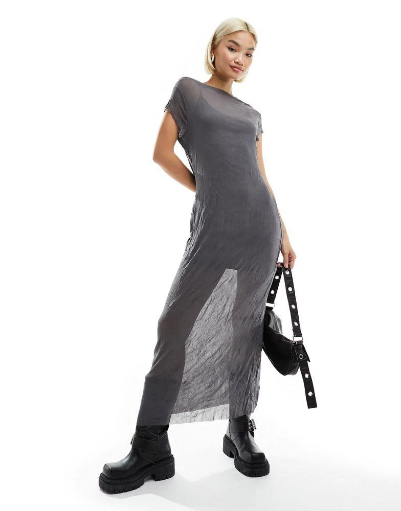 商品COLLUSION|COLLUSION crinkle mesh cap sleeve maxi dress in grey,价格¥250,第3张图片详细描述