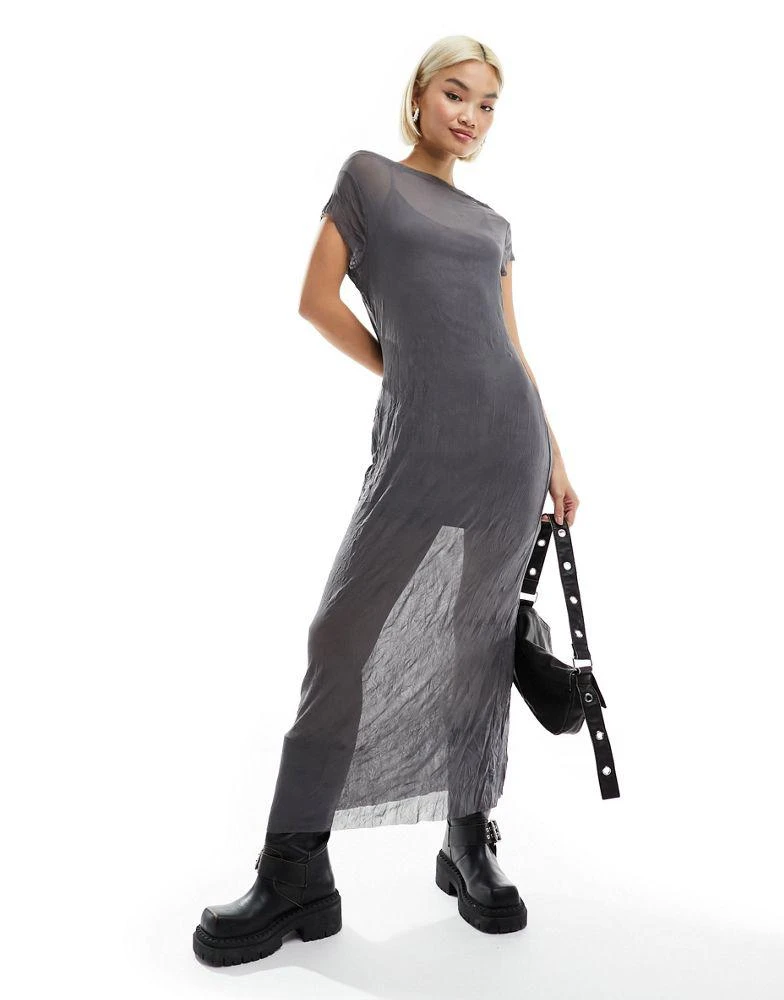 商品COLLUSION|COLLUSION crinkle mesh cap sleeve maxi dress in grey,价格¥258,第3张图片详细描述