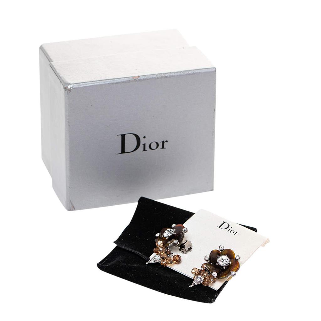 Dior Silver Tone Crystal Beaded Flower Clip On Earrings商品第6张图片规格展示