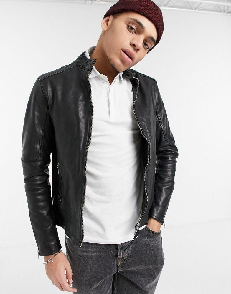 AllSaints Cora slim fit zip through leather jacket in black商品第1张图片规格展示