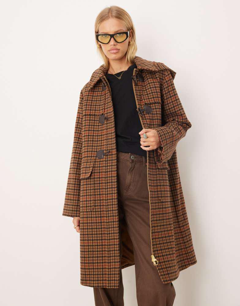 Barbour Barbour Melody check wool duffle coat in brown/orange Barbour Barbour Melody check wool duffle coat in brown/orange
