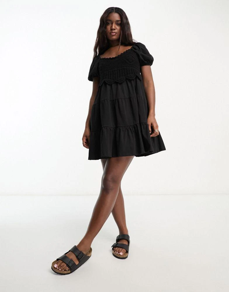 商品ASOS|ASOS DESIGN cap sleeve mini dress with crochet bodice and tiered skirt in black,价格¥228,第3张图片详细描述