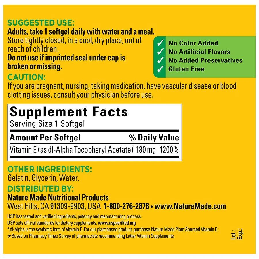 商品Nature Made|Vitamin E 180 mg (400 IU) dl-Alpha Softgels,价格¥222,第4张图片详细描述