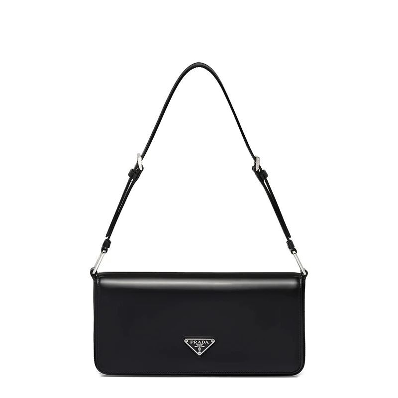 商品Prada|PRADA/普拉达 22春夏新款Femme系列 女士黑色亮面皮革银扣金属三角形徽标单肩斜跨手提包1BD323_ZO6_F0002_V_HOO,价格¥19898,第1张图片
