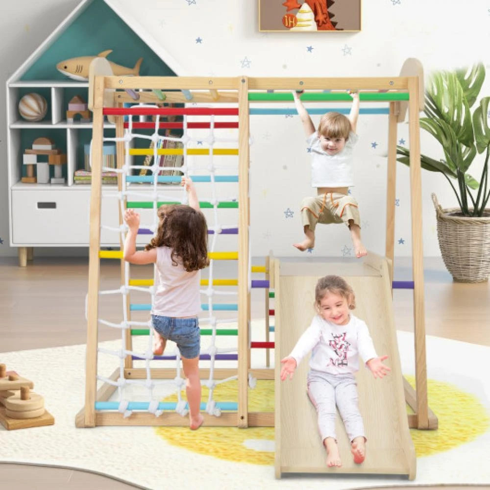 商品Hivvago|6-in-1 Indoor Jungle Gym Kids Wooden Playground with Monkey Bars-Multicolor,价格¥1839,第2张图片详细描述