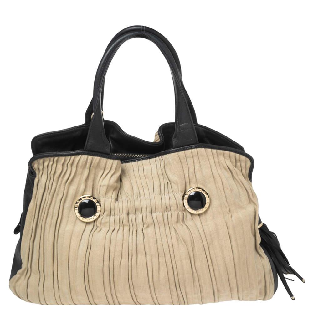 Bvlgari Black/Beige Canvas and Leather Plisse Twist Shoulder Bag商品第4张图片规格展示
