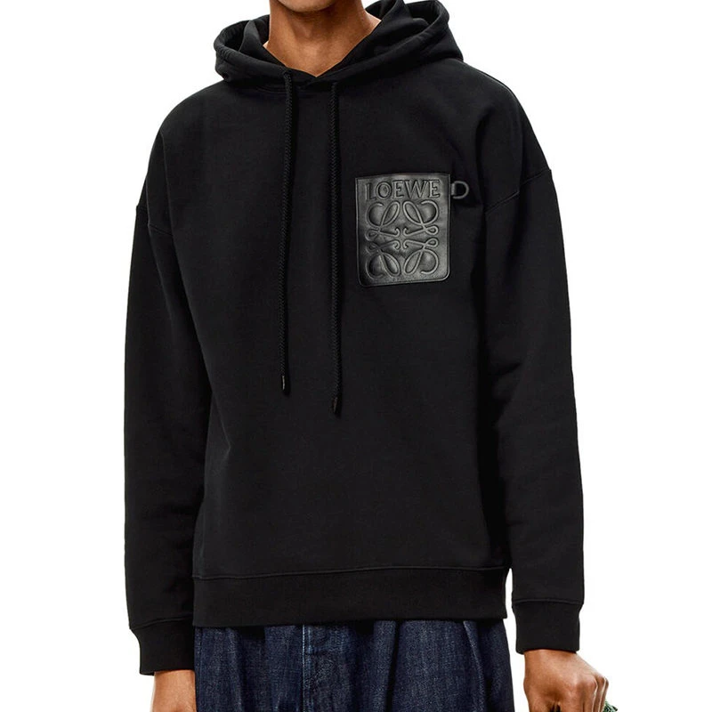 商品Loewe|【预售3-7天】LOEWE/罗意威  男士黑色棉质抓绒Anagram皮革贴片连帽衫卫衣H526Y25J12-1100,价格¥6431,第1张图片