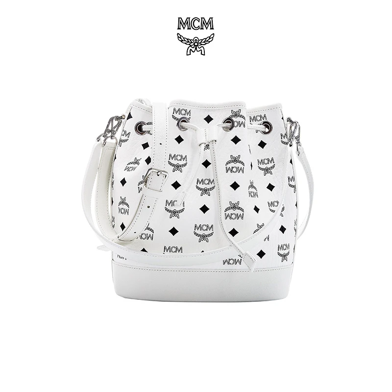 MCM女包奢侈品 女士Dessau Visetos系列白色印花LOGO人造革配牛皮革中号抽绳单肩斜挎包水桶包MWDCSDU02WT001 商品