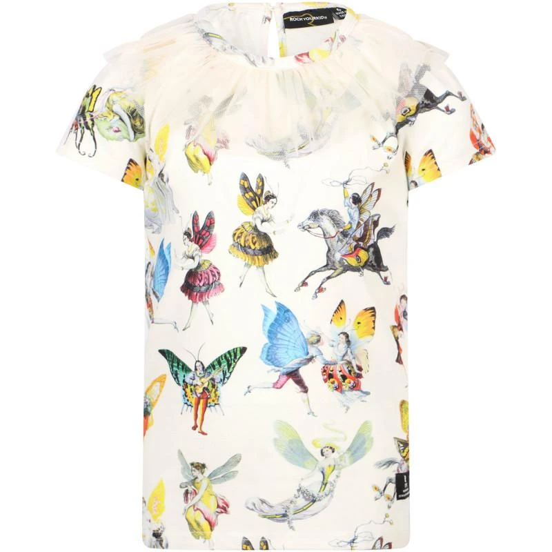 商品Rock Your Baby|Ruffled tulle collar fairies print t shirt in off white,价格¥722,第1张图片