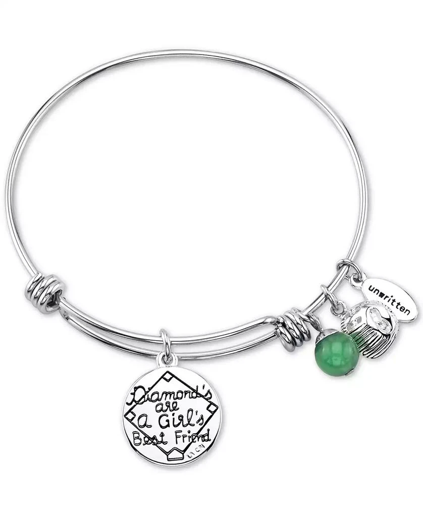 商品Unwritten|Baseball Charm and Green Aventurine (8mm) Bangle Bracelet in Stainless Steel Silver Plated Charms,价格¥105,第2张图片详细描述