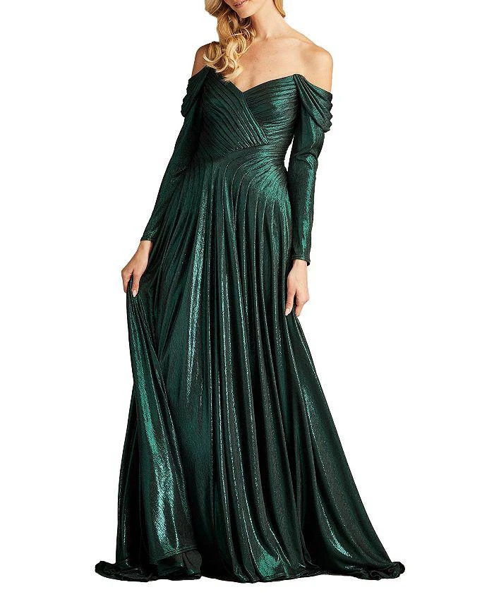 Alysia Off-Shoulder Pleated Drape Metallic Gown 商品