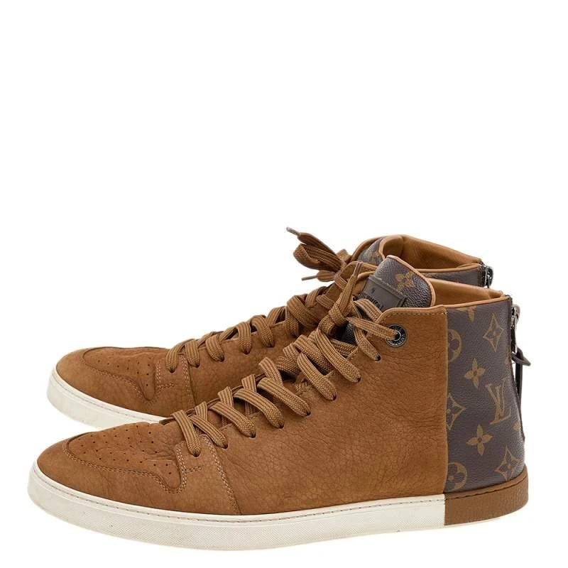 商品[二手商品] Louis Vuitton|Louis Vuitton Brown Leather And Monogram Canvas High Top Sneakers Size 41.5,价格¥1908,第4张图片详细描述