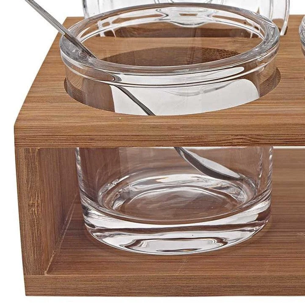 商品Homezia|6 Mouth Blown Crystal Jam Set With 3 Glass Jars And Spoons On A Wood Stand,价格¥629,第3张图片详细描述