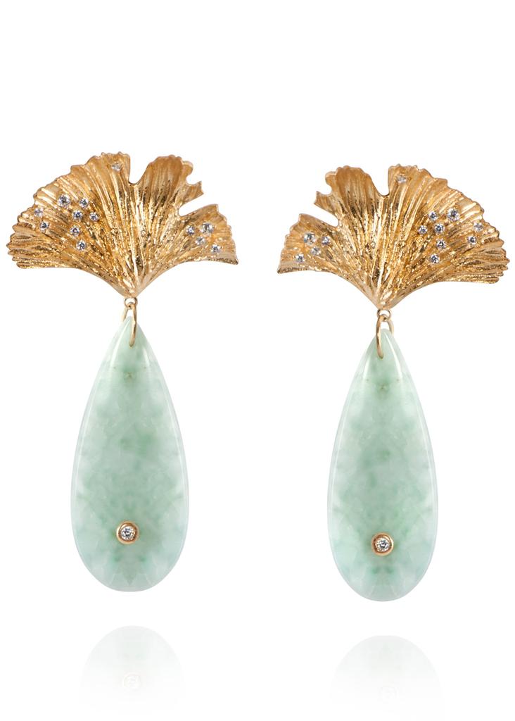 Sea foam blue onyx & gold ginkgo leaf earrings商品第1张图片规格展示