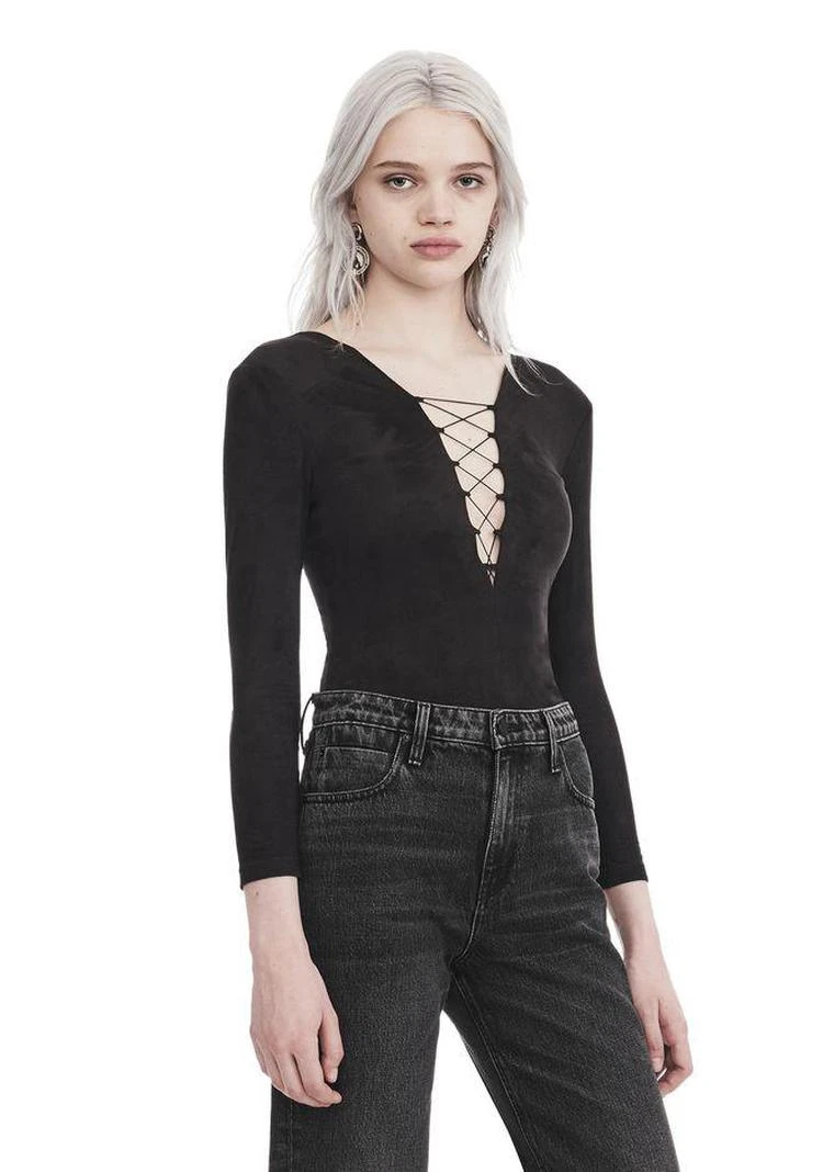 商品Alexander Wang|STRETCH FAUX SUEDE LONG SLEEVE LACE-UP BODYSUIT,价格¥1462,第5张图片详细描述