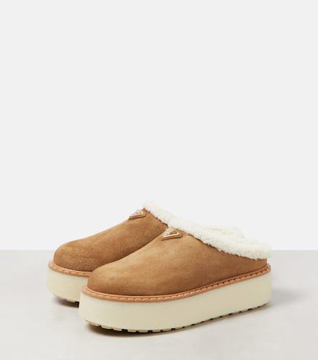 サンダル・ミュール Prada Suede And Shearling Flat Mules Cognac Suede And Shearling Slippers | PRADA
