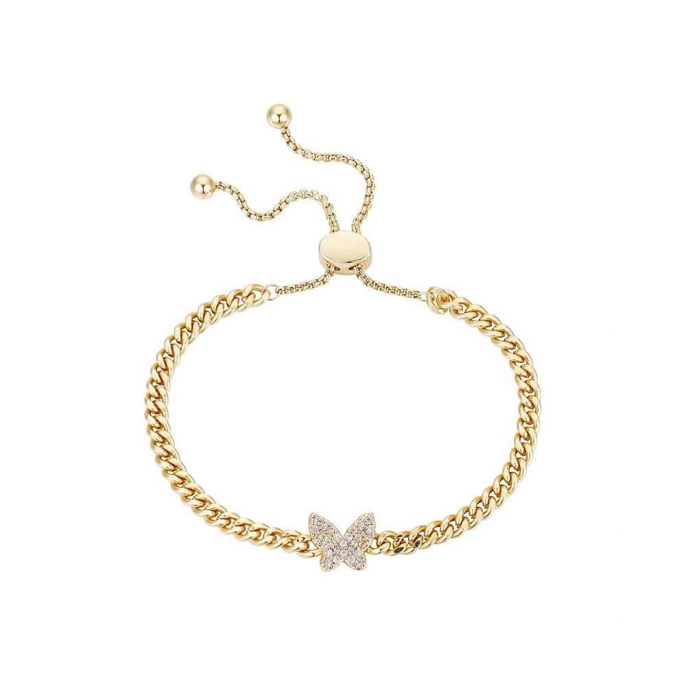 Gold Flash-Plated Cubic Zirconia Pave Butterfly Curb Chain Adjustable Bolo Bracelet商品第1张图片规格展示