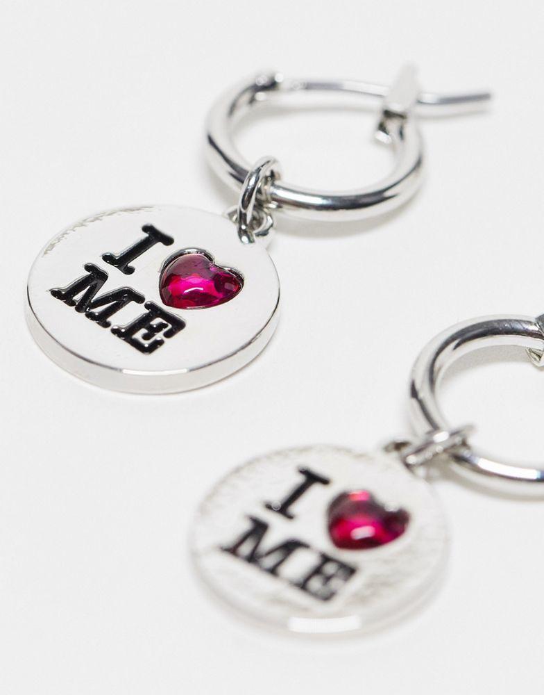 商品Reclaimed Vintage|Reclaimed Vintage unisex y2k slogan pendant huggie hoops in silver,价格¥53,第4张图片详细描述