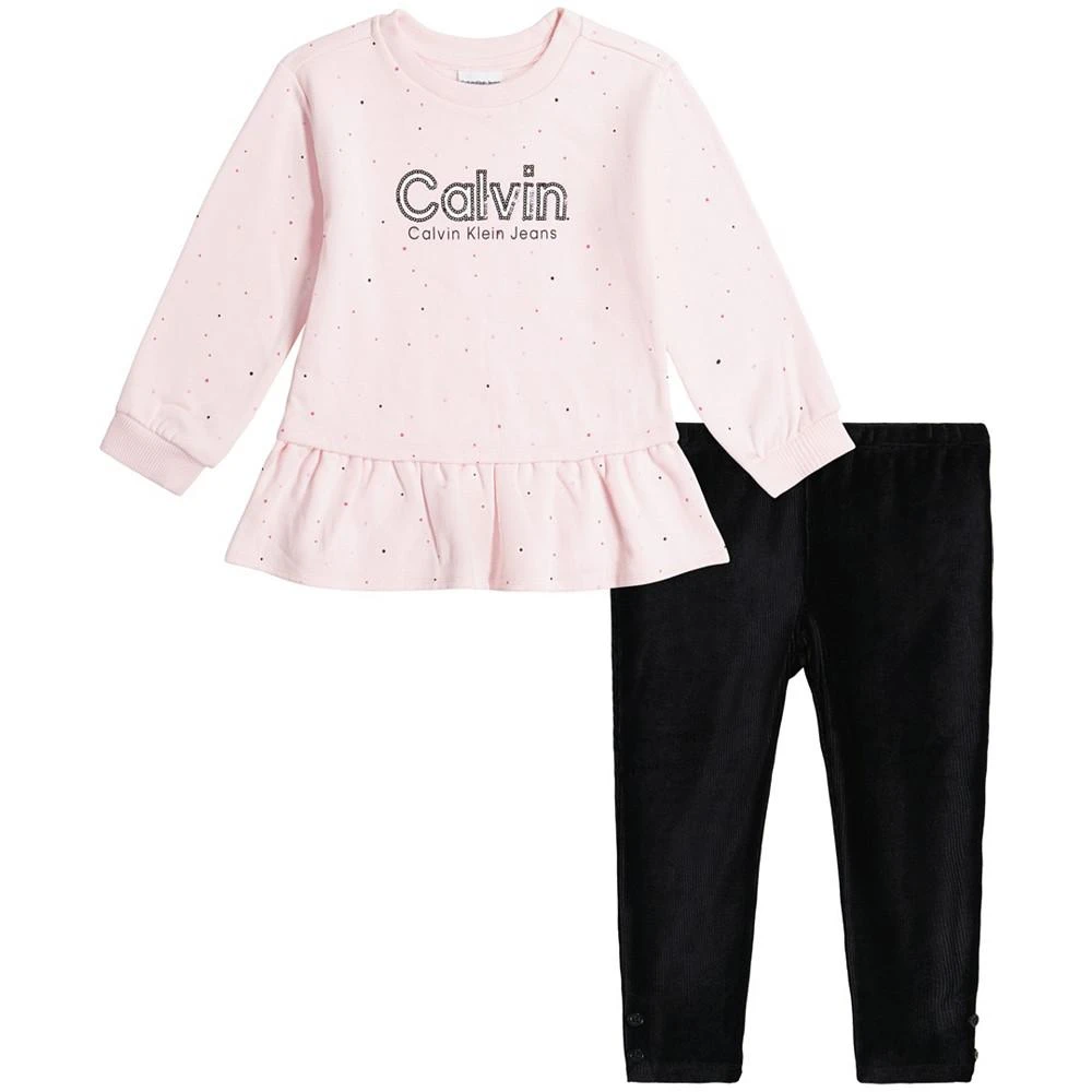 商品Calvin Klein|Little Girls Logo Fleece Skirted Pullover and Ribbed Velour Leggings Set, 2 Piece,价格¥155,第1张图片