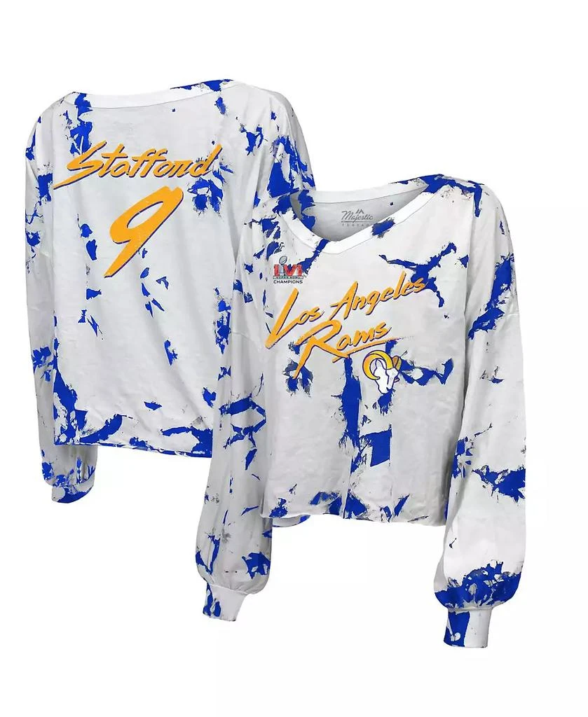 商品Majestic|Women's Threads Matthew Stafford Royal, White Los Angeles Rams Super Bowl LVI Champions Off-Shoulder Tie-Dye Name Number Long Sleeve V-Neck T-shirt,价格¥358,第1张图片