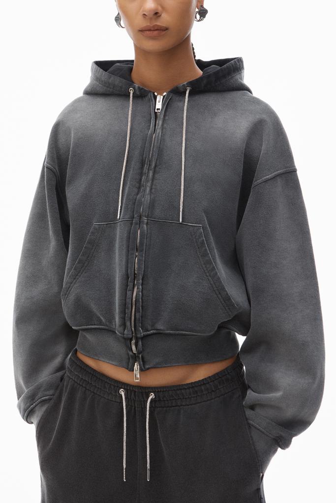 andwang Hoodie docking jacket ジャケット Alexander Wang Cropped Zip-Up Hoodie with Crystal Hotfix Drawcord